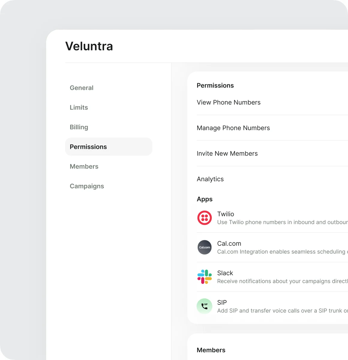Account settings with a permissions list and connected apps: Twilio, Cal.com, Slack and SIP