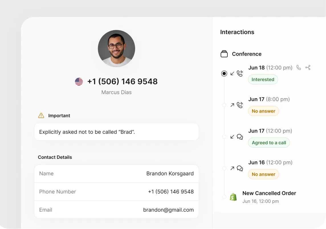 A customer profile with contact details, a do-not-call note and a timeline of interactions