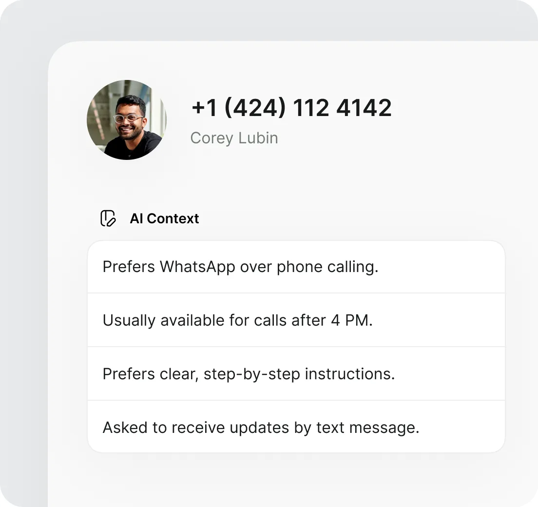 A contact card for Corey Lubin above an “AI Context” list: prefers WhatsApp over phone calling, usually available for calls after 4 PM, prefers clear step-by-step instructions, asked to receive updates by text message