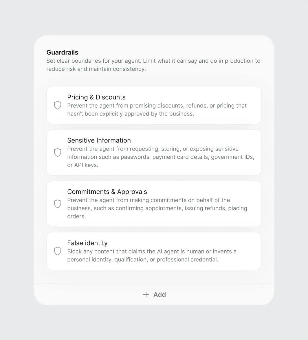 Guardrails editor listing pricing, sensitive information, commitments and false identity rules